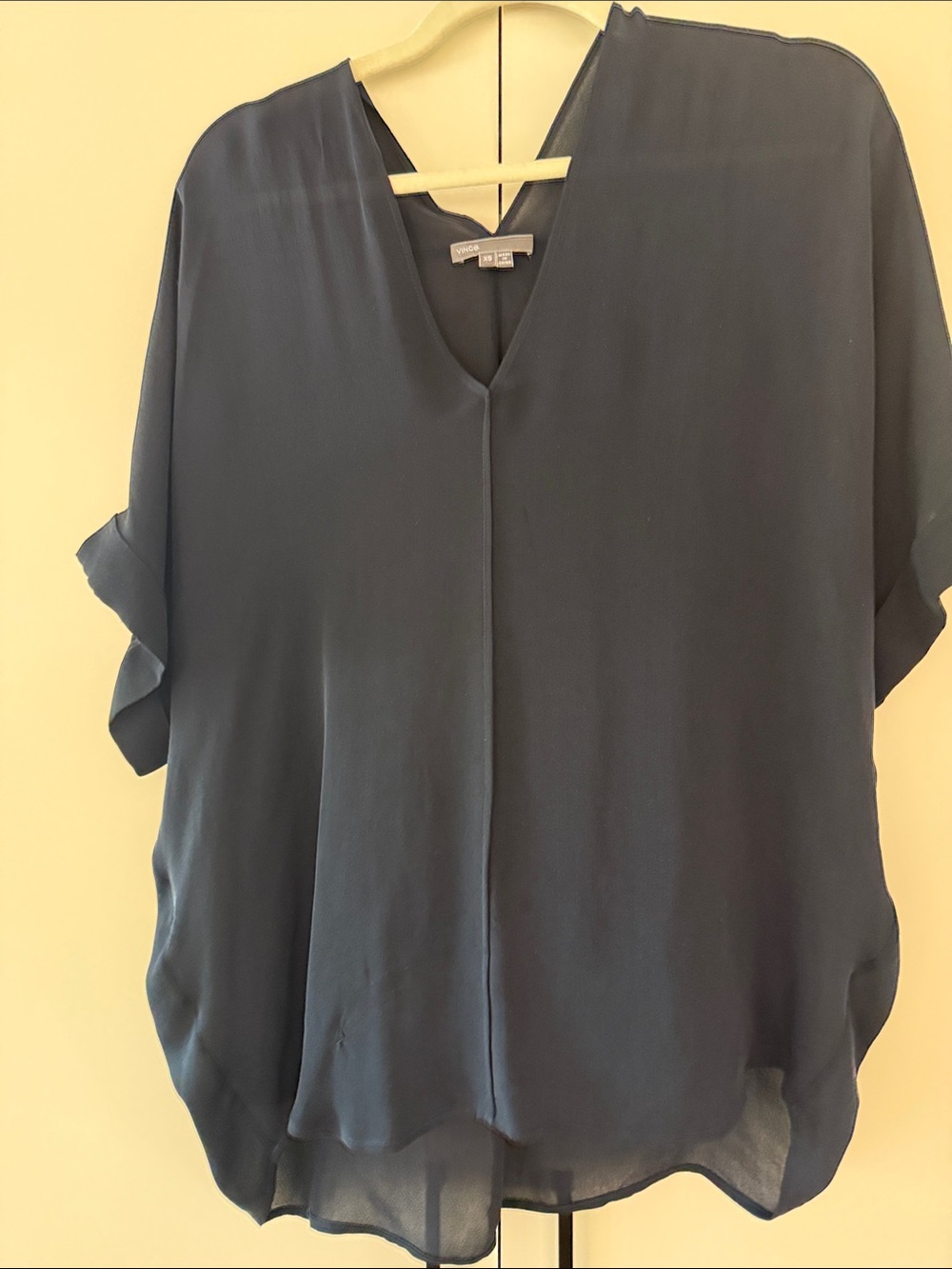 Vince Navy V-Neck Short Sleeve Silk Blouse